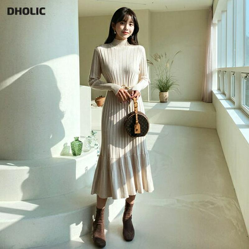 ≪人気商品再入荷≫リブニットフレアワンピース・全2色・b61886 レディース 【ops】韓国ファッション ワンピース ニット ハーフネック モックネック ハイネック 長袖 ロングスリーブ フレア Aライン フェミニン きれいめ カジュアル 秋 冬