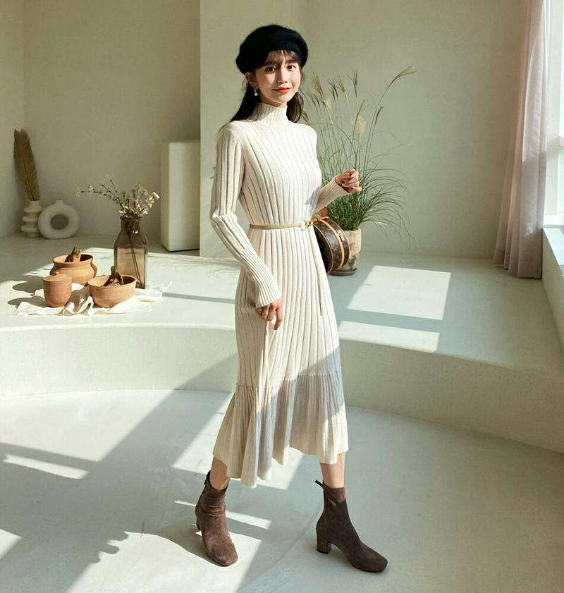 ≪人気商品再入荷≫リブニットフレアワンピース・全2色・b61886 レディース 【ops】韓国ファッション ワンピース ニット ハーフネック モックネック ハイネック 長袖 ロングスリーブ フレア Aライン フェミニン きれいめ カジュアル 秋 冬