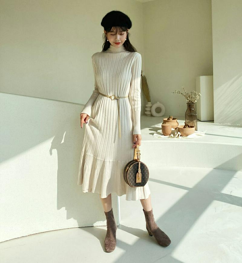 ≪人気商品再入荷≫リブニットフレアワンピース・全2色・b61886 レディース 【ops】韓国ファッション ワンピース ニット ハーフネック モックネック ハイネック 長袖 ロングスリーブ フレア Aライン フェミニン きれいめ カジュアル 秋 冬