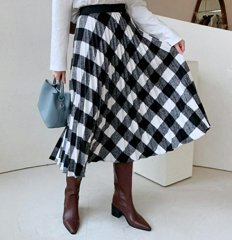 チェックプリーツスカート・全2色・b61897 レディース 【sk】【韓国 ファッション ボトムス スカート ロング フレア Aライン ギンガムチェック ビンテージ レトロ カジュアル 秋 冬】