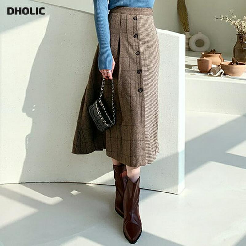 【只今10%OFF】ダブルチェックボタンスカート・全2色・t61896 レディース 【sk】【韓国 ファッション ボトムス スカート ロング フレア Aライン ウィンドウチェック ギンガムチェック リメイク風スカート ビンテージ カジュアル 秋 冬】