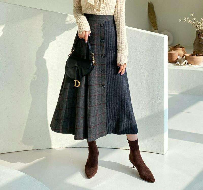 【只今10%OFF】ダブルチェックボタンスカート・全2色・t61896 レディース 【sk】【韓国 ファッション ボトムス スカート ロング フレア Aライン ウィンドウチェック ギンガムチェック リメイク風スカート ビンテージ カジュアル 秋 冬】
