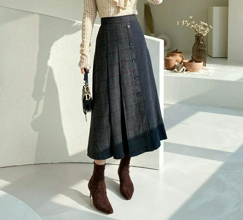 【只今10%OFF】ダブルチェックボタンスカート・全2色・t61896 レディース 【sk】【韓国 ファッション ボトムス スカート ロング フレア Aライン ウィンドウチェック ギンガムチェック リメイク風スカート ビンテージ カジュアル 秋 冬】