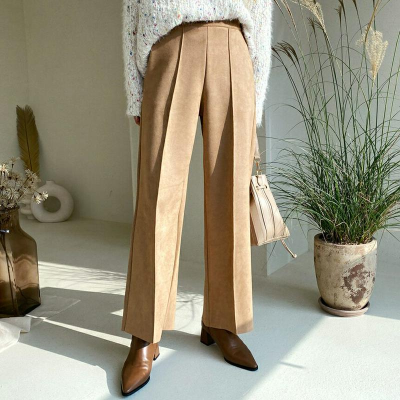 スエード調ワイドパンツ・全4色・b61898 レディース 【pt】【韓国 ファッション ボトムス パンツ ロング フルレングス 10分丈 十分丈 ハイウエスト ワイド ストレート 無地 体型カバー 脚長 着痩せ カジュアル 秋 冬】