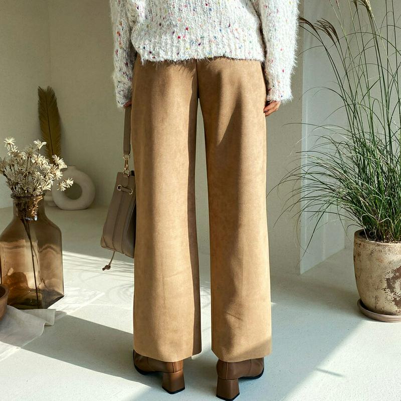 スエード調ワイドパンツ・全4色・b61898 レディース 【pt】【韓国 ファッション ボトムス パンツ ロング フルレングス 10分丈 十分丈 ハイウエスト ワイド ストレート 無地 体型カバー 脚長 着痩せ カジュアル 秋 冬】
