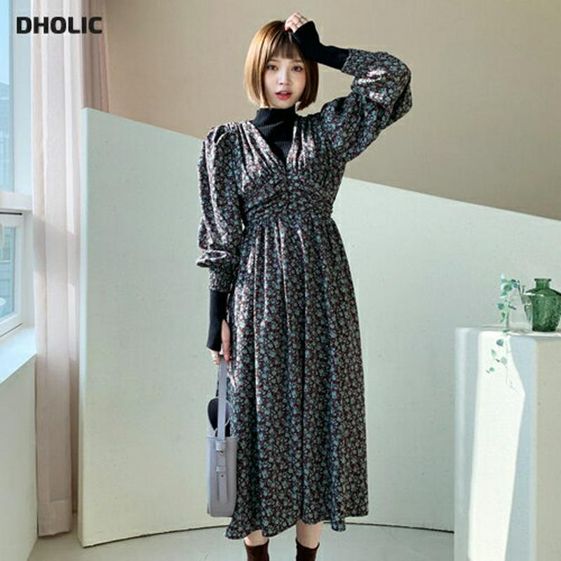 Vネックフラワーワンピース・全2色・t61887 レディース 【ops】【韓国 ファッション ワンピース ロング フレア Aライン Vネック 長袖 パフスリーブ ぼわん袖 ボリュームスリーブ パターン 柄 小花柄 レトロ ビンテージ ハイウエスト カジュアル 秋 冬】