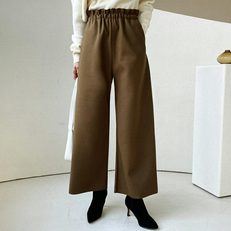 ウエストギャザーパンツ・全3色・t61900 レディース 【pt】【韓国 ファッション ボトムス パンツ ロング フルレングス 10分丈 十分丈 ハイウエスト ワイド ストレート 無地 体型カバー 脚長 着痩せ カジュアル 秋 冬】