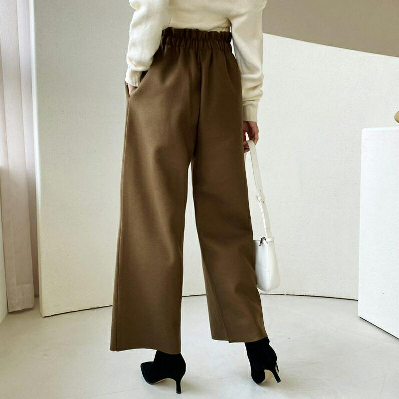 ウエストギャザーパンツ・全3色・t61900 レディース 【pt】【韓国 ファッション ボトムス パンツ ロング フルレングス 10分丈 十分丈 ハイウエスト ワイド ストレート 無地 体型カバー 脚長 着痩せ カジュアル 秋 冬】