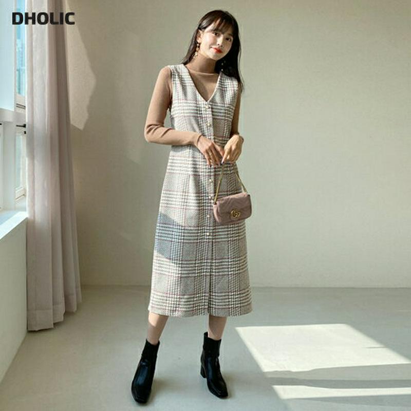 【只今10%OFF】パールグレンチェックワンピース・全3色・t61884 レディース 【ops】【韓国 ファッション ワンピース ロング フレア Aライン Vネック ノースリーブ チェック グレンチェック ガーリー カジュアル 秋 冬】