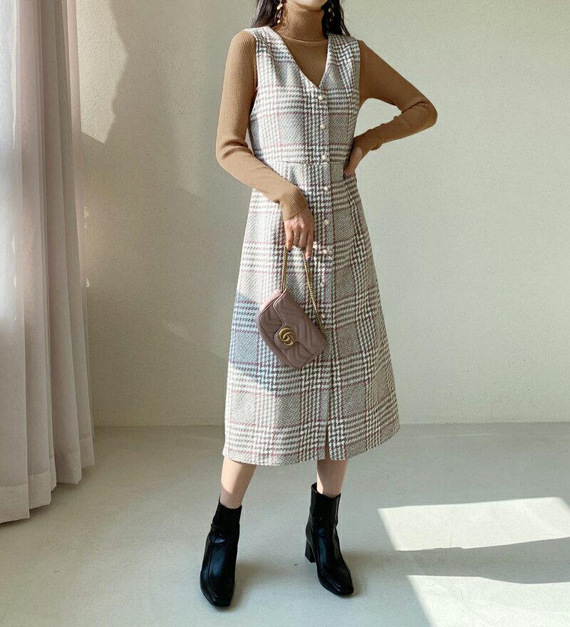 【只今10%OFF】パールグレンチェックワンピース・全3色・t61884 レディース 【ops】【韓国 ファッション ワンピース ロング フレア Aライン Vネック ノースリーブ チェック グレンチェック ガーリー カジュアル 秋 冬】