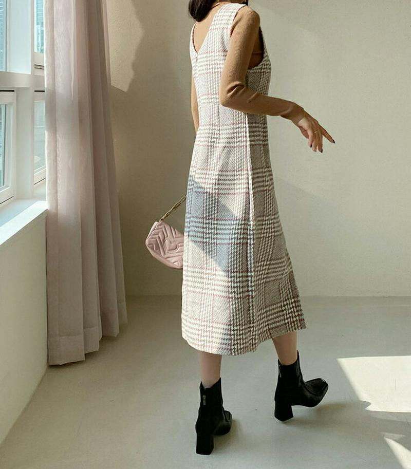 【只今10%OFF】パールグレンチェックワンピース・全3色・t61884 レディース 【ops】【韓国 ファッション ワンピース ロング フレア Aライン Vネック ノースリーブ チェック グレンチェック ガーリー カジュアル 秋 冬】