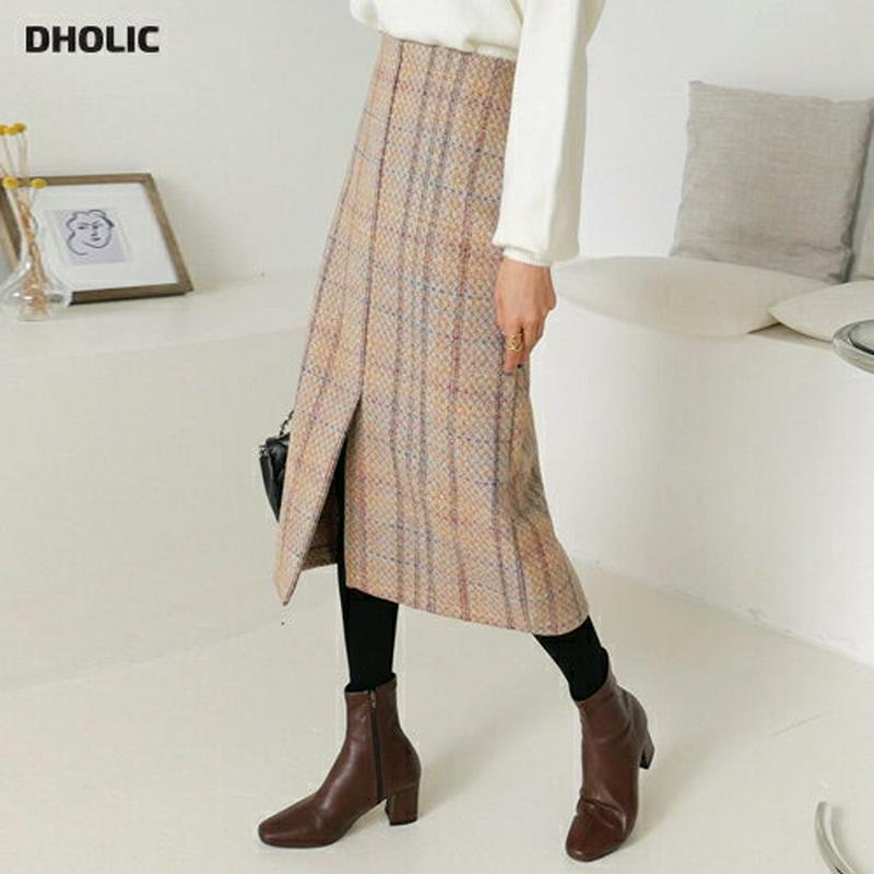 ツイードチェックスカート・全2色・b64540 レディース 【sk】【韓国 ファッション ボトムス スカート ロング ミモレスカート フロントスリット スリム 細身 ペンシルスカート ビンテージ レトロ 大人 上品 カジュアル 秋 冬】