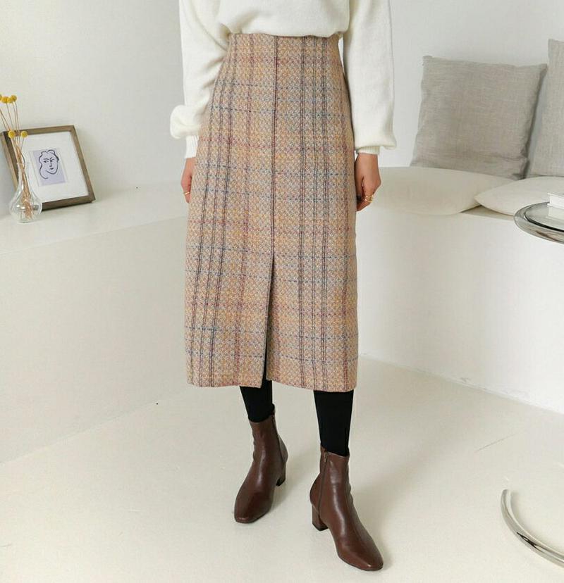 ツイードチェックスカート・全2色・b64540 レディース 【sk】【韓国 ファッション ボトムス スカート ロング ミモレスカート フロントスリット スリム 細身 ペンシルスカート ビンテージ レトロ 大人 上品 カジュアル 秋 冬】