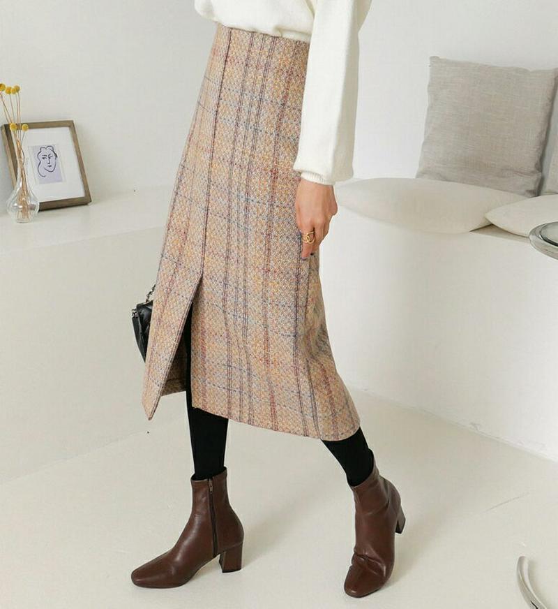 ツイードチェックスカート・全2色・b64540 レディース 【sk】【韓国 ファッション ボトムス スカート ロング ミモレスカート フロントスリット スリム 細身 ペンシルスカート ビンテージ レトロ 大人 上品 カジュアル 秋 冬】