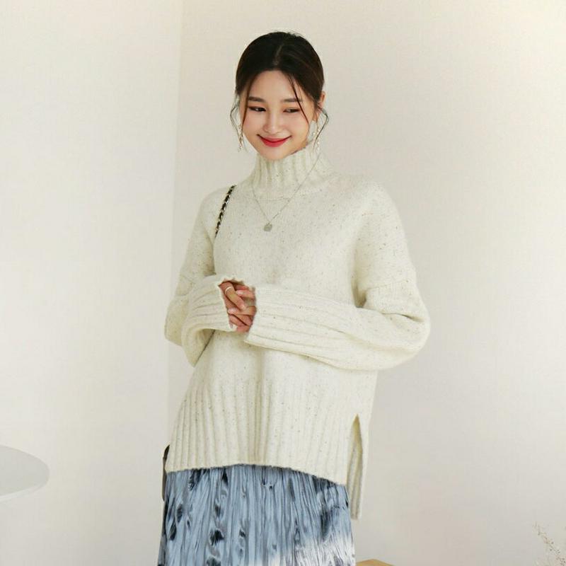 カラーミックスハイネックニット・全5色・b64536 レディース 【tops】【韓国 ファッション トップス ニット ハーフネック モックネック 長袖 ルーズ ゆったり オーバーサイズ ロングスリーブ サイドスリット アンバランス カジュアル 秋 冬】