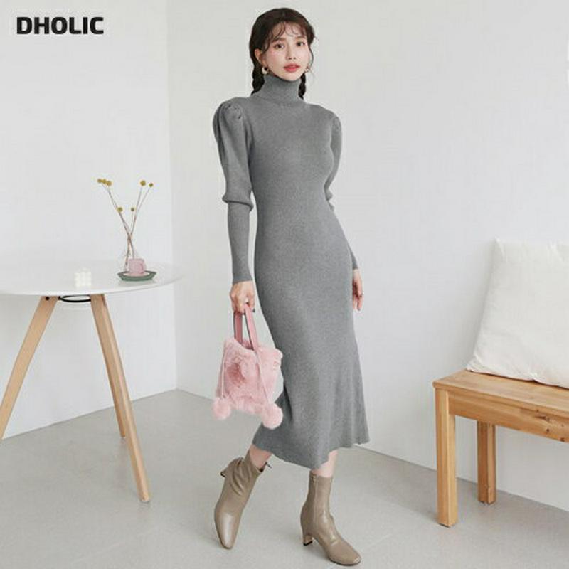 パフタートルニットワンピース・全2色・t64554 レディース 【ops】【韓国 ファッション ワンピース ロング ニット ハイネック 長袖 深スリット パフスリーブ ぼわん袖 無地 リブニット ボリューム袖 タイト スリム 大人 セクシー カジュアル 秋 冬】