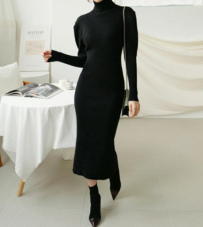 パフタートルニットワンピース・全2色・t64554 レディース 【ops】【韓国 ファッション ワンピース ロング ニット ハイネック 長袖 深スリット パフスリーブ ぼわん袖 無地 リブニット ボリューム袖 タイト スリム 大人 セクシー カジュアル 秋 冬】