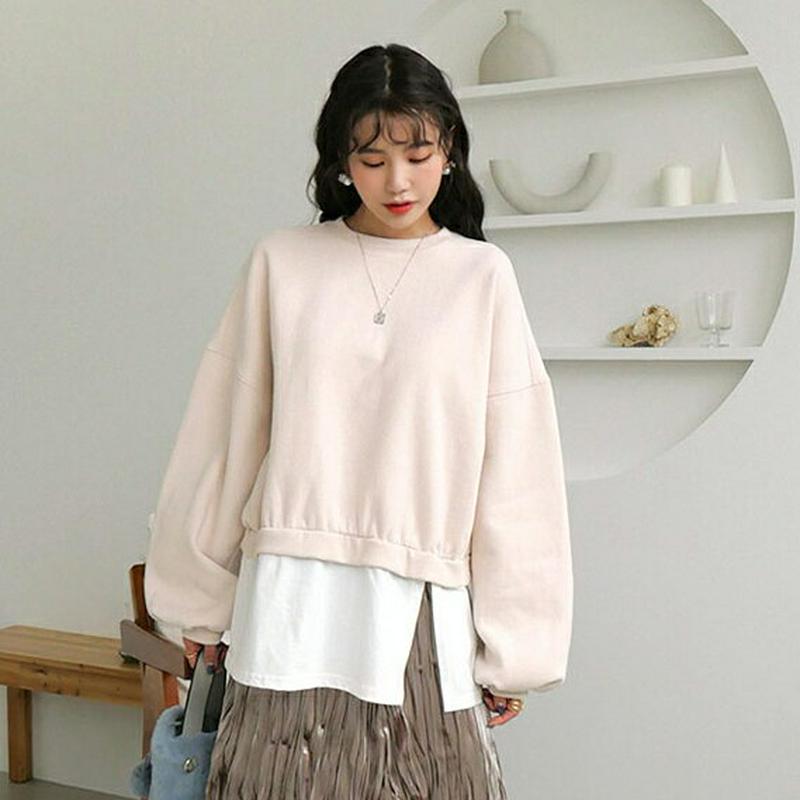 裏起毛配色へムスウェット・全3色・t64544 レディース 【tops】 異素材 韓国ファッション トップス スウェット トレーナー カットソー Tシャツ ラウンドネック 長袖 オーバーサイズ ルーズ ゆったり 無地 レイヤード風 インしない レイヤード調 カジュアル 秋 冬