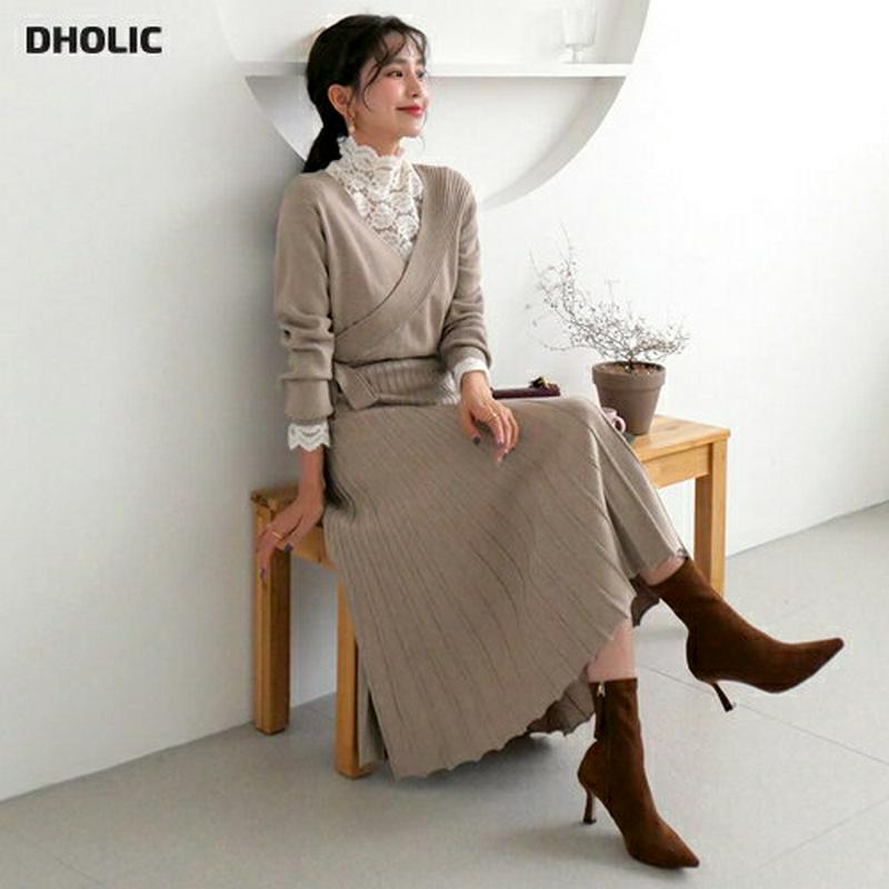 ストラップ付カシュクールニットワンピース・全2色・b64555 レディース 【ops】【韓国 ファッション ワンピース ロング Vネック ラップ ウエストタイ 長袖 フレア アライン ニット 無地 カジュアル 秋 冬】