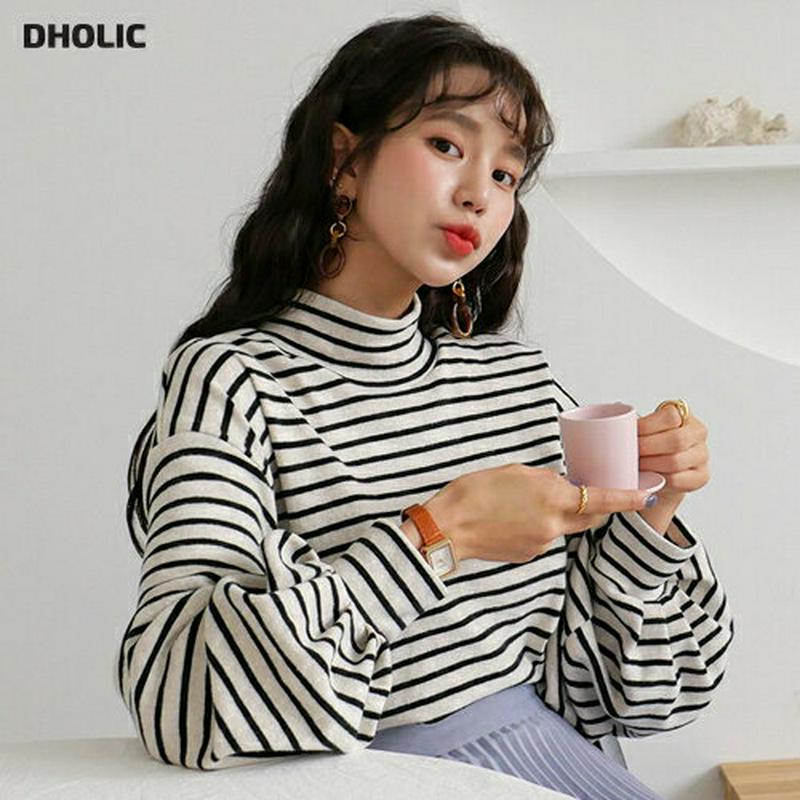 ハイネックボーダーTシャツ・全5色・t64524 レディース 【tops】【韓国 ファッション トップス Tシャツ カットソー ハーフネック モックネック 長袖 パフスリーブ ボリューム袖 ぼわん袖 ルーズ ゆったり パターン 柄 カジュアル 秋 冬】