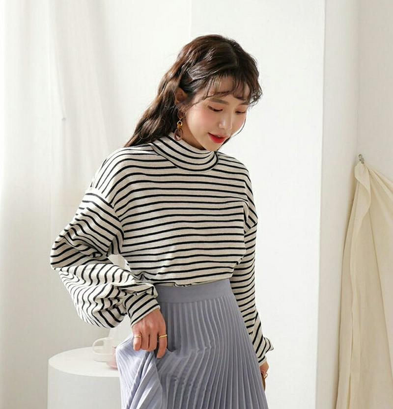 ハイネックボーダーTシャツ・全5色・t64524 レディース 【tops】【韓国 ファッション トップス Tシャツ カットソー ハーフネック モックネック 長袖 パフスリーブ ボリューム袖 ぼわん袖 ルーズ ゆったり パターン 柄 カジュアル 秋 冬】