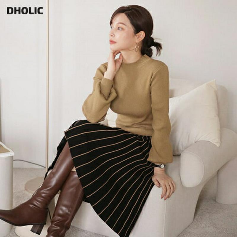 リブプリーツ配色ワンピース・全2色・b65373 レディース 【ops】【ワンピース ミディ丈 ミディワンピース 長袖 リブ プリーツ プリーツワンピース ハーフネック パフスリーブ プリーツ 秋 冬 韓国 ファッション】【ハイホリHIHOLLI】