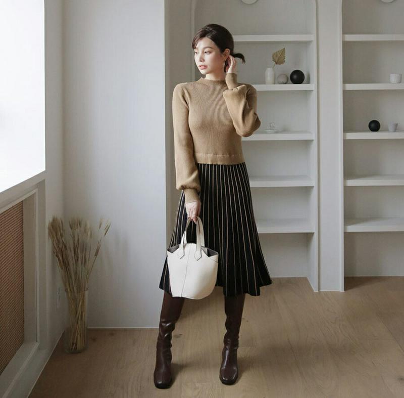 リブプリーツ配色ワンピース・全2色・b65373 レディース 【ops】【ワンピース ミディ丈 ミディワンピース 長袖 リブ プリーツ プリーツワンピース ハーフネック パフスリーブ プリーツ 秋 冬 韓国 ファッション】【ハイホリHIHOLLI】