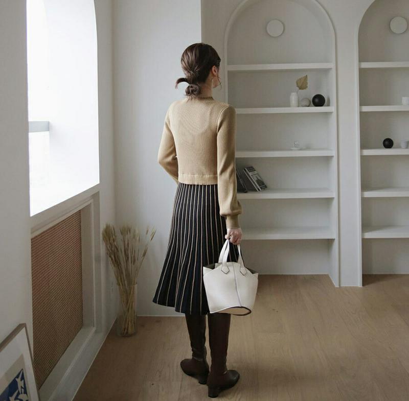 リブプリーツ配色ワンピース・全2色・b65373 レディース 【ops】【ワンピース ミディ丈 ミディワンピース 長袖 リブ プリーツ プリーツワンピース ハーフネック パフスリーブ プリーツ 秋 冬 韓国 ファッション】【ハイホリHIHOLLI】