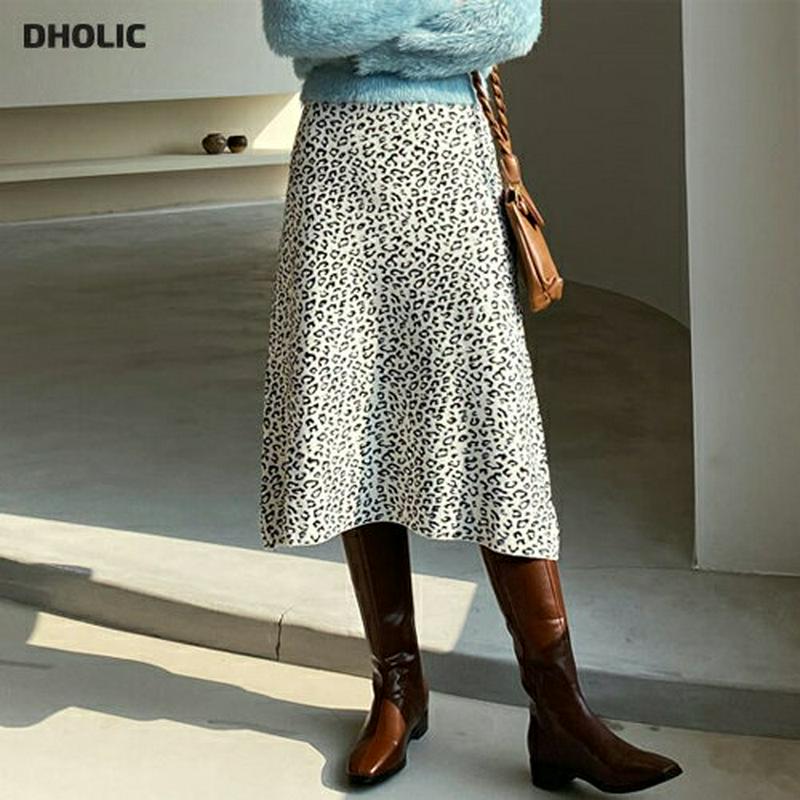 レオパードニットスカート・全2色・b65293 レディース 【sk】【スカート ミディ丈 ミディスカート ニット ニットスカート レオパード ヒョウ柄 豹柄 アニマル柄 カジュアル ウエストゴム Aライン ウール 秋 冬 韓国 ファッション】【ハイホリHIHOLLI】