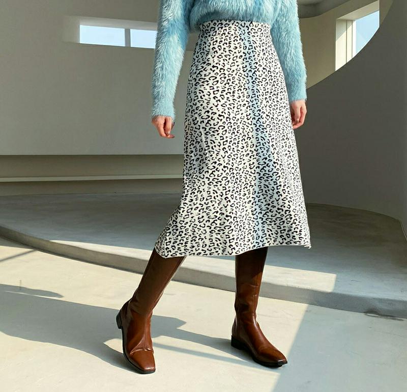 レオパードニットスカート・全2色・b65293 レディース 【sk】【スカート ミディ丈 ミディスカート ニット ニットスカート レオパード ヒョウ柄 豹柄 アニマル柄 カジュアル ウエストゴム Aライン ウール 秋 冬 韓国 ファッション】【ハイホリHIHOLLI】