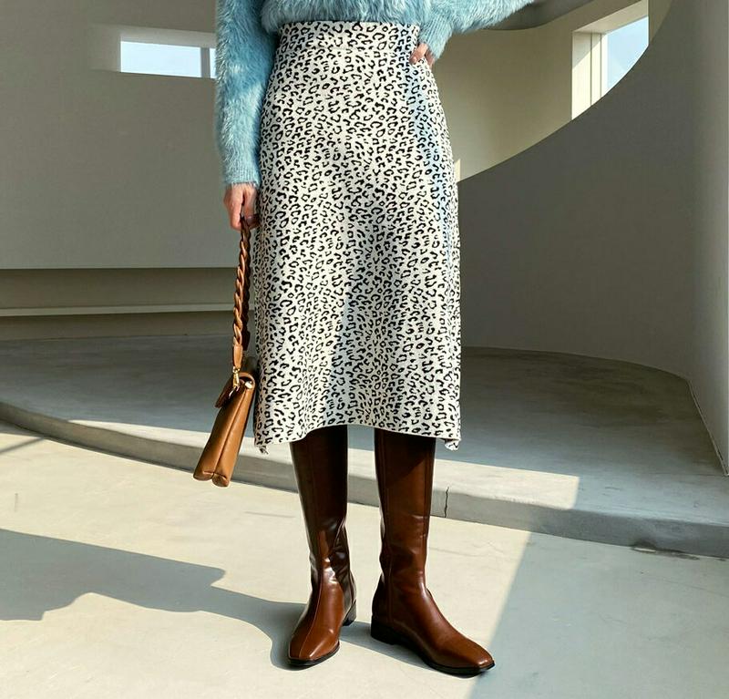 レオパードニットスカート・全2色・b65293 レディース 【sk】【スカート ミディ丈 ミディスカート ニット ニットスカート レオパード ヒョウ柄 豹柄 アニマル柄 カジュアル ウエストゴム Aライン ウール 秋 冬 韓国 ファッション】【ハイホリHIHOLLI】