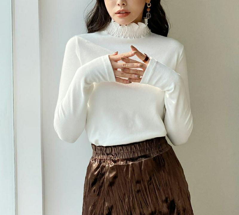 ピーチ起毛シャーリングネックTシャツ・全4色・t65270 レディース 【tops】【トップス Tシャツ 長袖 シャーリング 起毛 ピーチ起毛 単色 無地 シンプル 大人 ハーフネック 秋 冬 韓国 ファッション】【ハイホリHIHOLLI】