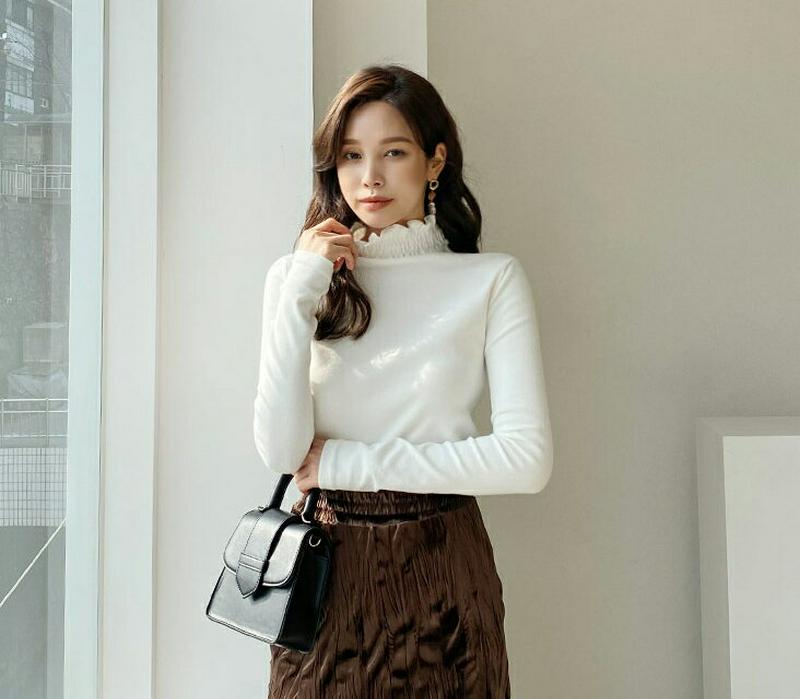 ピーチ起毛シャーリングネックTシャツ・全4色・t65270 レディース 【tops】【トップス Tシャツ 長袖 シャーリング 起毛 ピーチ起毛 単色 無地 シンプル 大人 ハーフネック 秋 冬 韓国 ファッション】【ハイホリHIHOLLI】