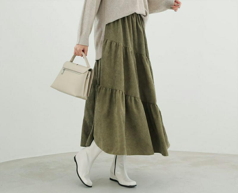 コーデュロイティアードスカート・全3色・t65296 レディース 【sk】【スカート ロング ロングスカート ティアード ティアードスカート コーデュロイ 単色 無地 シンプル カジュアル ウエストゴム 秋 冬 韓国 ファッション】【ハイホリHIHOLLI】