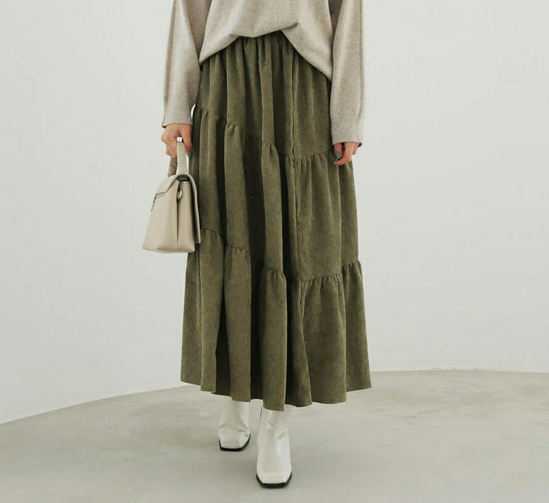 コーデュロイティアードスカート・全3色・t65296 レディース 【sk】【スカート ロング ロングスカート ティアード ティアードスカート コーデュロイ 単色 無地 シンプル カジュアル ウエストゴム 秋 冬 韓国 ファッション】【ハイホリHIHOLLI】