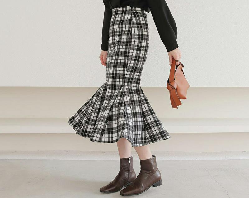 チェックマーメイドスカート・全2色・t65294 レディース 【sk】【スカート ミディ丈 ミディスカート マーメイドスカート マーメイド チェック柄 カジュアル 秋 冬 韓国 ファッション】【ハイホリHIHOLLI】