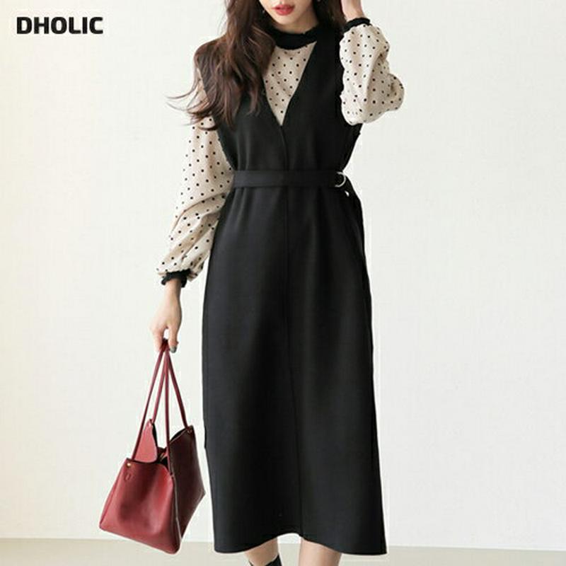 ベルト付Vネックワンピース・全3色・t65284 レディース 【ops】【ワンピース ミディ丈 ミディワンピース スリーブレス ノースリーブ Vネック レイヤード 単色 無地 シンプル 秋 冬 韓国 ファッション】【ハイホリHIHOLLI】