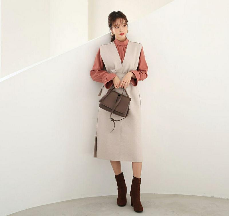 ベルト付Vネックワンピース・全3色・t65284 レディース 【ops】【ワンピース ミディ丈 ミディワンピース スリーブレス ノースリーブ Vネック レイヤード 単色 無地 シンプル 秋 冬 韓国 ファッション】【ハイホリHIHOLLI】