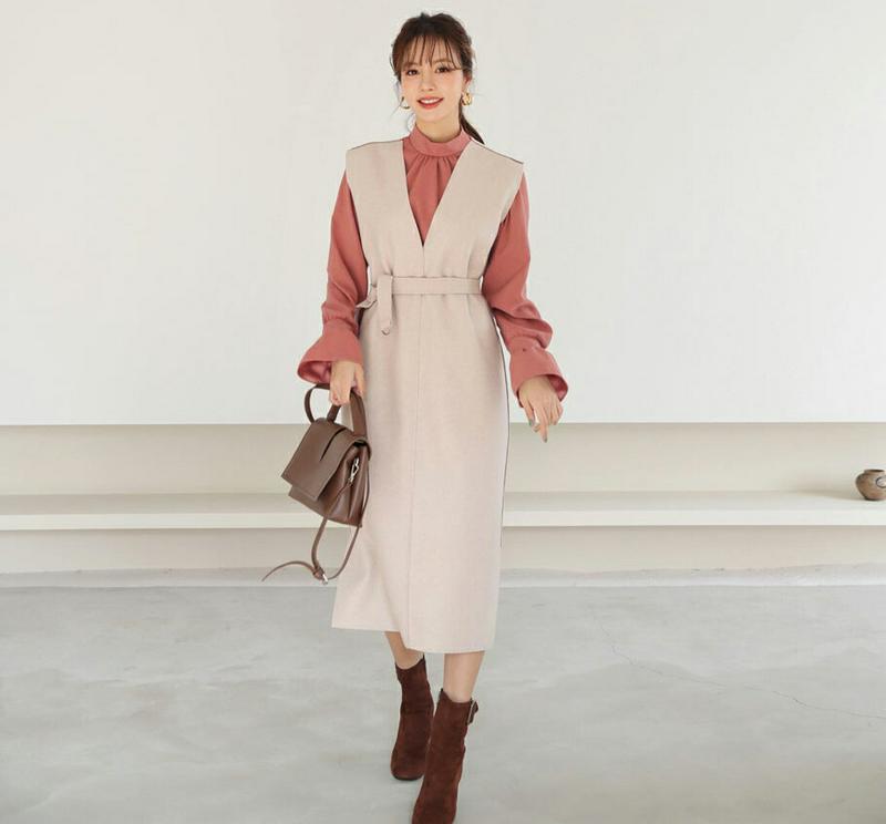 ベルト付Vネックワンピース・全3色・t65284 レディース 【ops】【ワンピース ミディ丈 ミディワンピース スリーブレス ノースリーブ Vネック レイヤード 単色 無地 シンプル 秋 冬 韓国 ファッション】【ハイホリHIHOLLI】