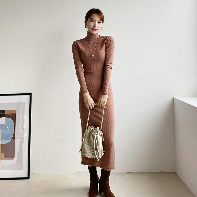 【新作10%OFF】スリットリブワンピース・全3色・t65335 レディース 【ops】【ワンピース ロング ロングワンピース スリット リブ 長袖 単色 無地 シンプル カジュアル ベーシック ラフ 秋 冬 韓国 ファッション】【ハイホリHIHOLLI】