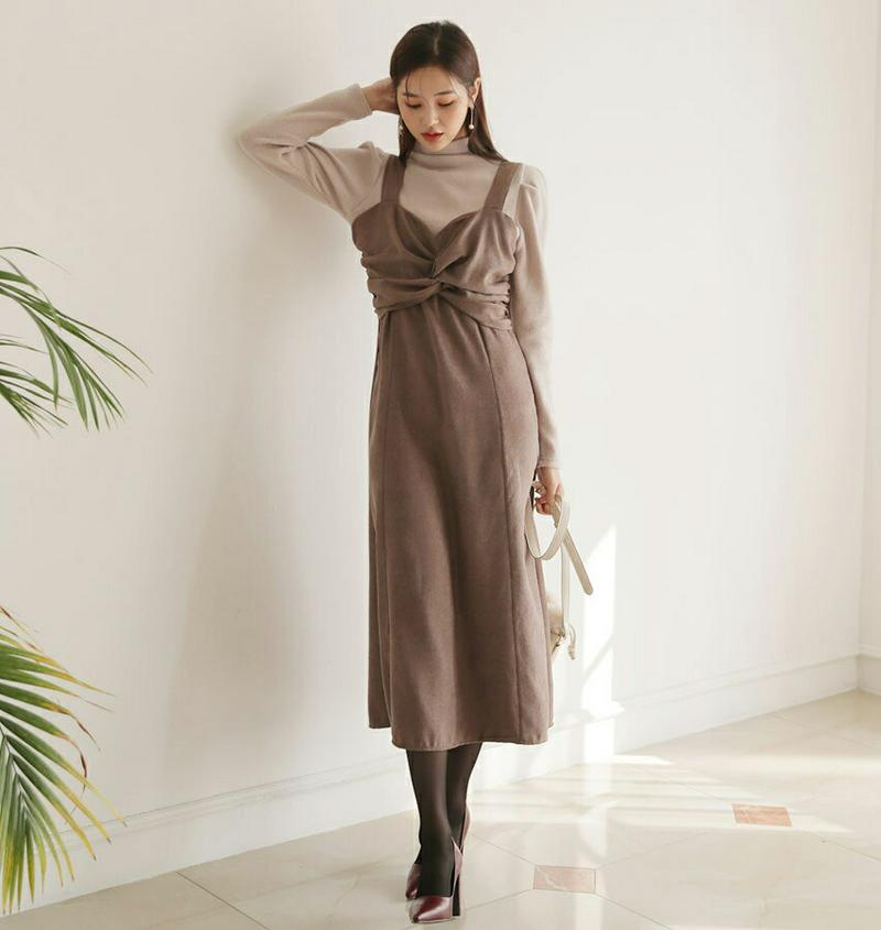 ツイストビスチェワンピース・全3色・t61130 レディース【ops】【韓国 ファッション ワンピース ロングワンピース ビスチェワンピース スリーブレス ノースリーブ レイヤード ツイスト ボリューム シンプル 大人 上品 秋 冬】