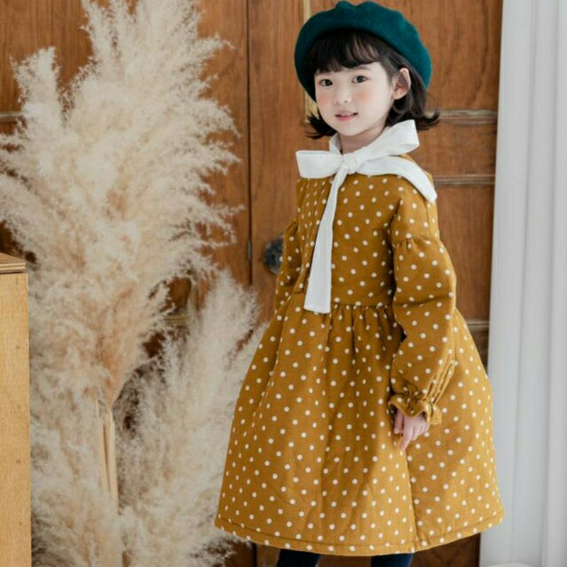 【キッズ20%OFF】【送料無料】中綿ドットリボンワンピース(kids)・u09132 キッズ【3~8才】【ops】【ワンピース ロング ロングワンピース 長袖 ドット柄 中綿 中綿ワンピース リボン りぼん 可愛い かわいい 女の子 冬 韓国 韓国子供服 子供 こども 子供服 こども服】【KIDS】