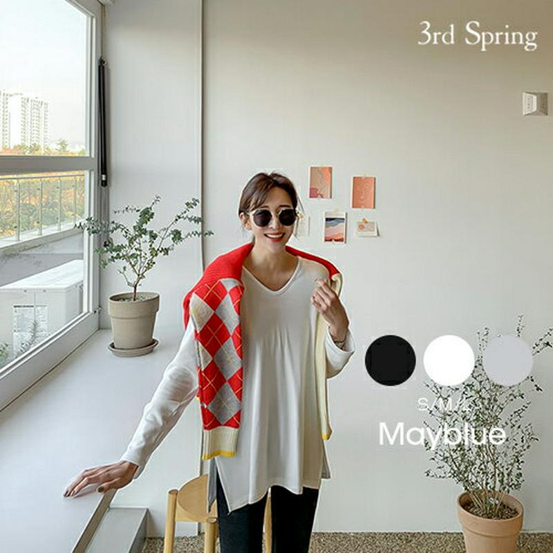 MAYBLUE(メイブルー)起毛ソフトUネックT【11/30up_PSH】Tシャツ　Uネック　トップス　サイドスリット　シンプル　ベーシック　起毛　カットソー【5】