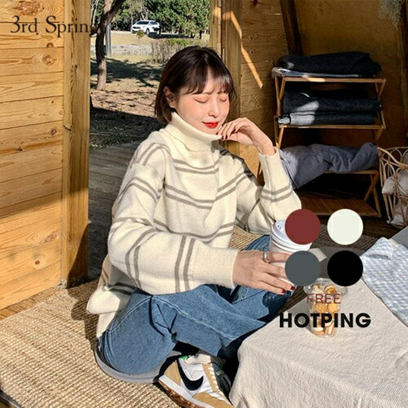 HOTPING(ホッピン)タートルネックボーダーニット【11/27up_ka】 タートルネック Tシャツ ニット ボーダー ストライプ 長袖 グレー アイボリー オレンジ ブラック 【5】
