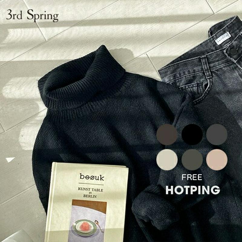 HOTPING(ホッピン)タートルネック無地ニット【11/27up_ka】 ベージュ カーキ チャコール グレー アイボリー ブラック タートルネック ニット ニットT Tシャツ ハイネック 【5】