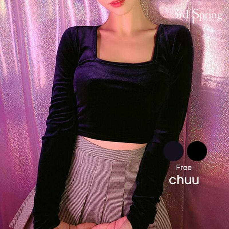 CHUU(チュー)ベロアスクエアT【12/4up_go】【メール便】韓国 韓国ファッション　Tシャツ　トップス　スクエアネック　ベロア　ベロアTレディース ファッション【10】