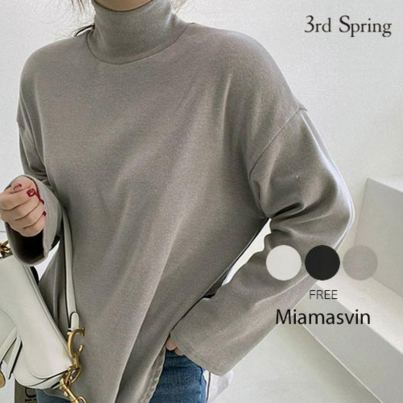 Miamasvin(ミアマスビン)ラウドヘムタートルネックカットソー【12/4up_wo】【メール便】韓国 韓国ファッション　トップス カットソー 長袖 tシャツ タートルネック ロンt スリット ラウンドヘム レディース ファッション【5】