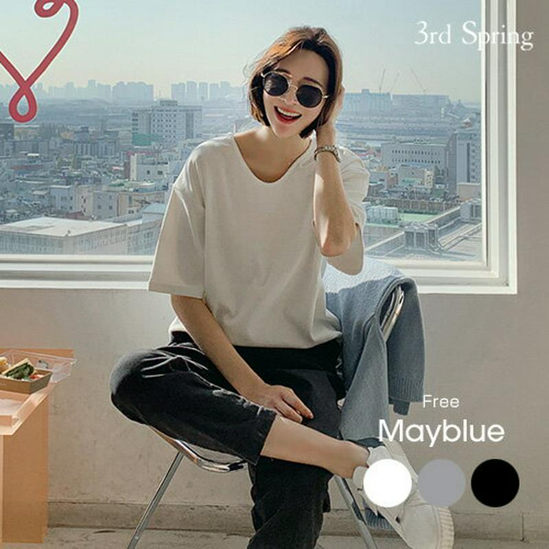 MAYBLUE(メイブルー)ルーズピーチハーフ袖Tシャツ【12/2up_go】ピーチスキン　ハーフ袖　トップス　シンプル　ベーシック　Tシャツ　【5】