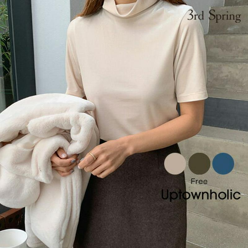 UPTOWNHOLIC(アップタウンホリック)ベルベットT【12/2up_go】韓国 韓国ファッション　Tシャツ　トップス　ハイネック　半袖　ベロアTレディース ファッション【5】※メール便不可