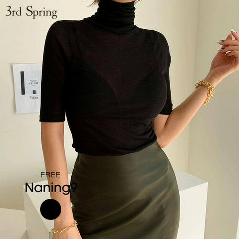 NANING9(ナンニング)半袖ハイネックシアーT【9/3up_go】【メール便】韓国 韓国ファッション　ハイネック　Tシャツ　リブT　カットソー　半袖　リブニット　タートルネック　レディース ファッション【即納】